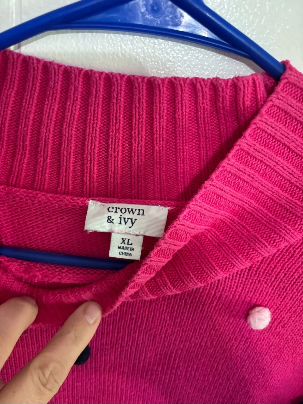 crown & ivy Hot Pink Pom-Pom Mock Neck Sweater